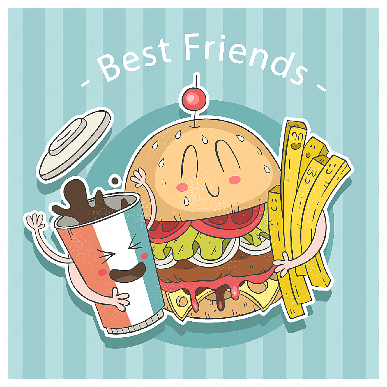 彩绘汉堡快餐贴纸卡通矢量插画