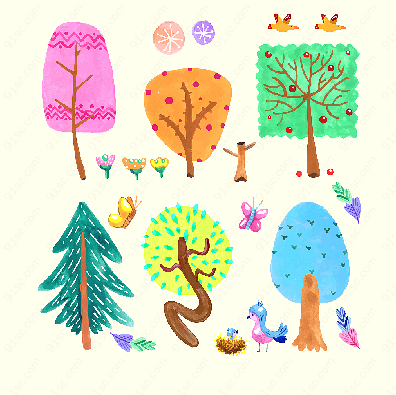 树木和花鸟设计矢量插画