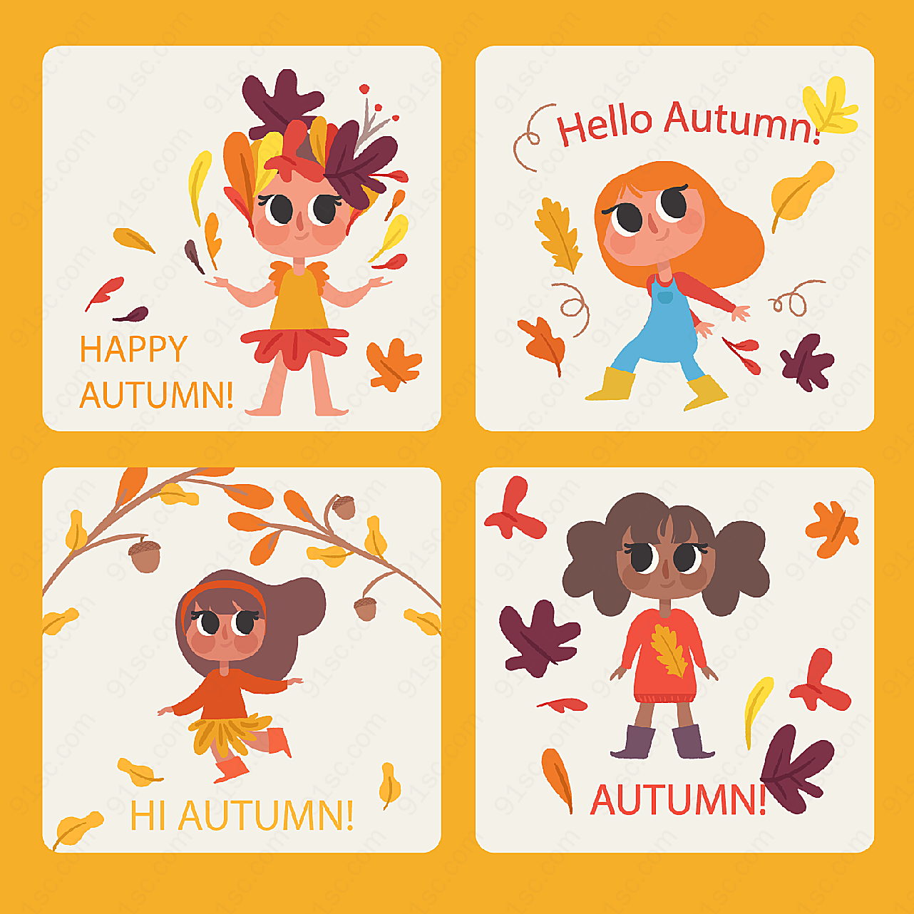 秋季女孩卡片矢量名片卡片