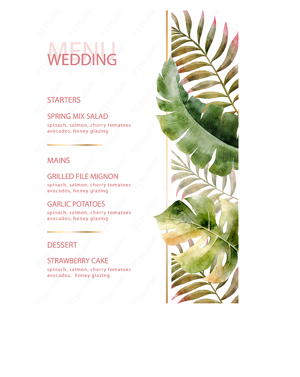 花卉婚礼菜单模板矢量概念