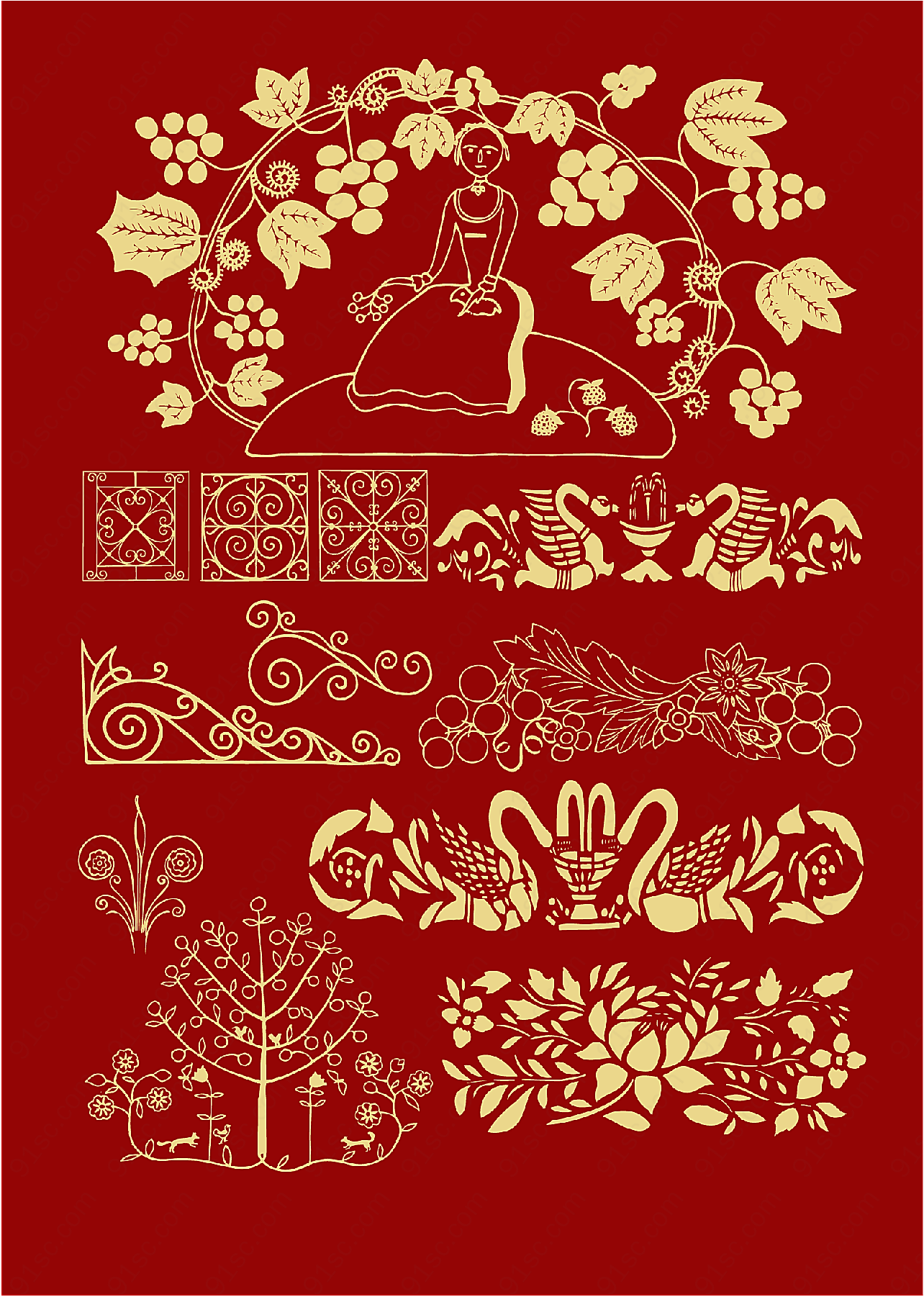 古典花纹与孔雀矢量传统文化