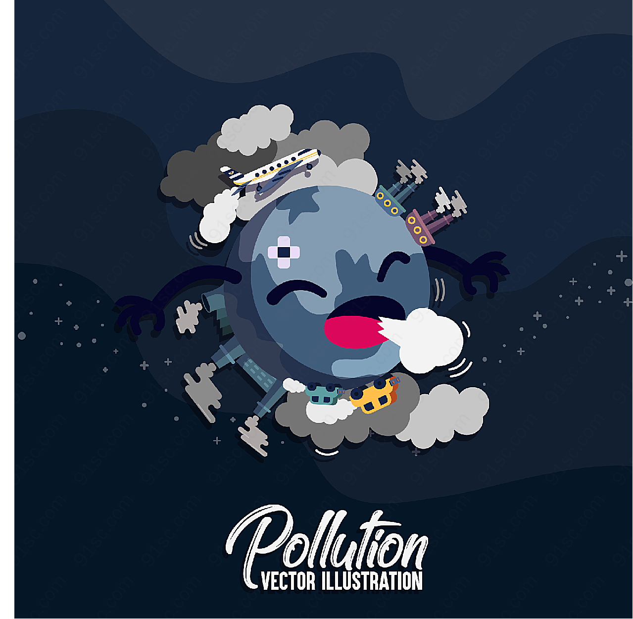 污染咳嗽的地球卡通矢量插画