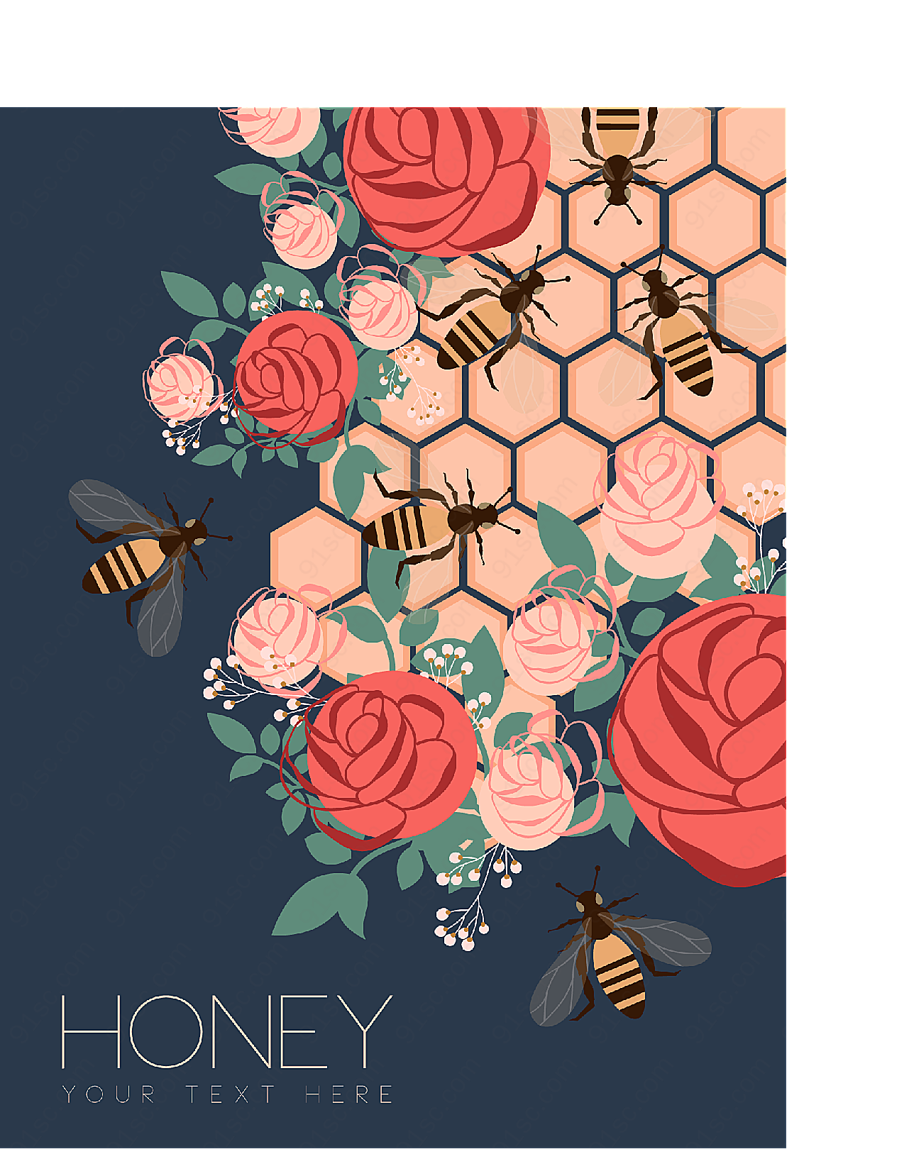 创意蜜蜂和玫瑰矢量昆虫