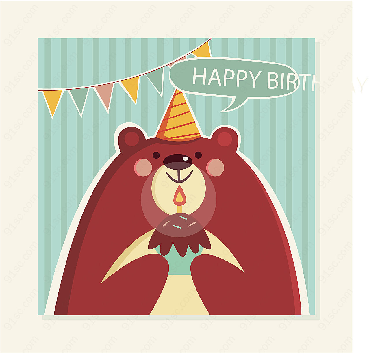 棕熊生日祝福卡矢量生日