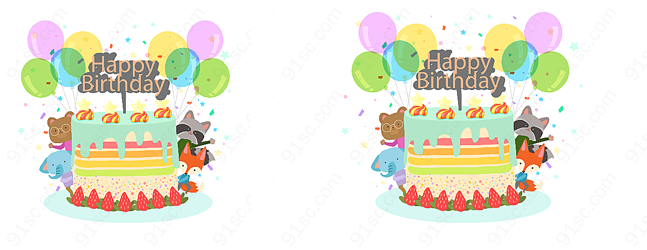 生日蛋糕和动物矢量生日