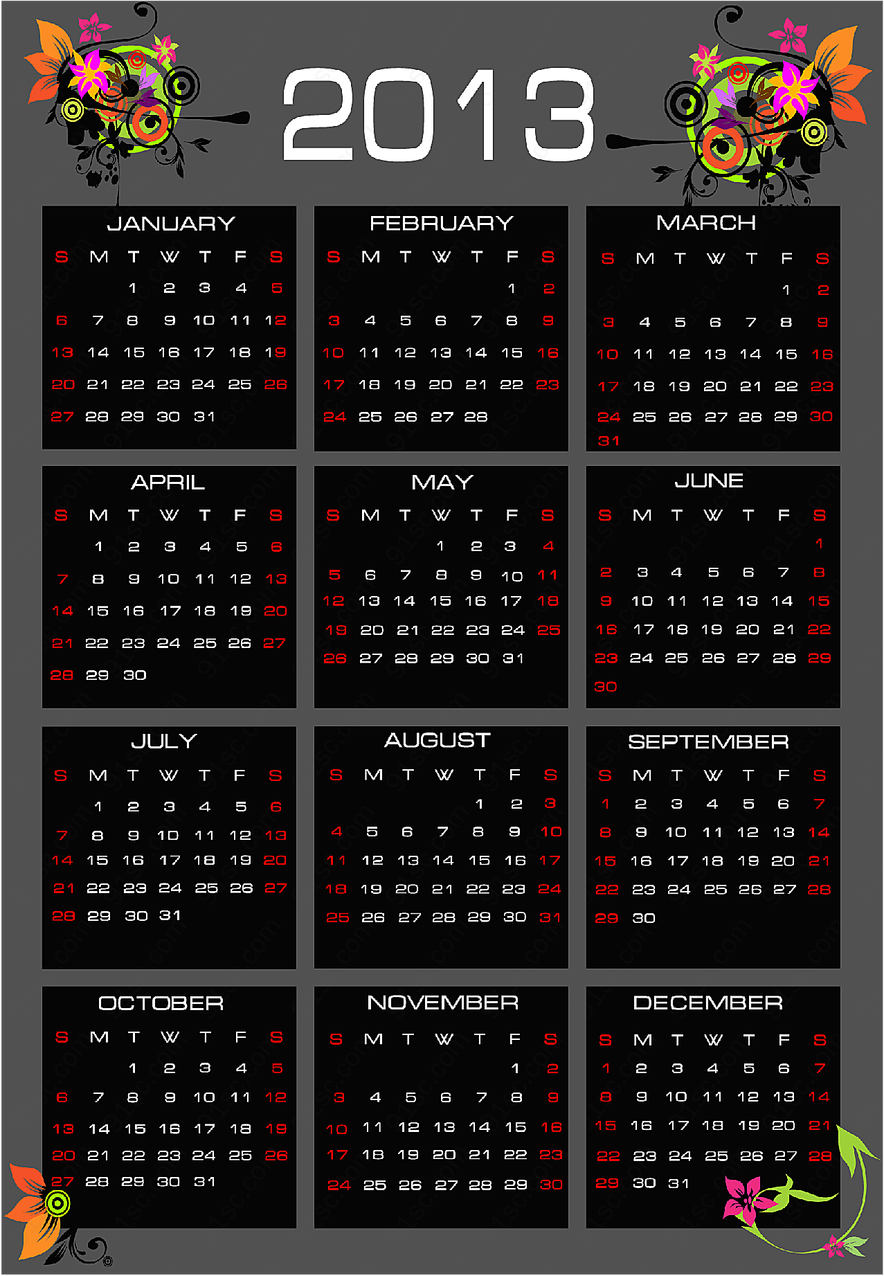2013年历挂历年历日历矢量