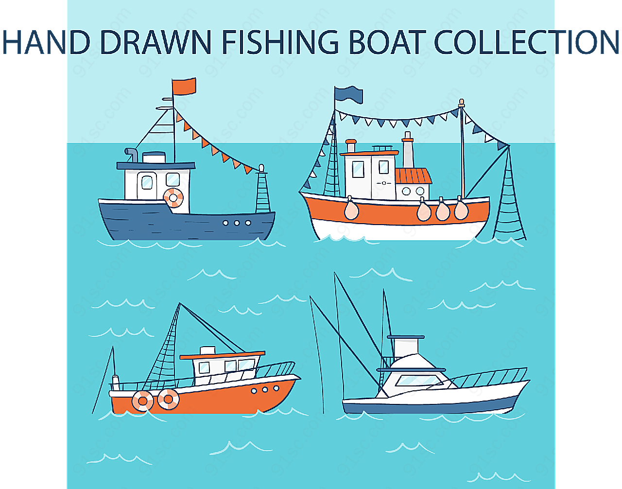 彩绘渔船设计矢量交通