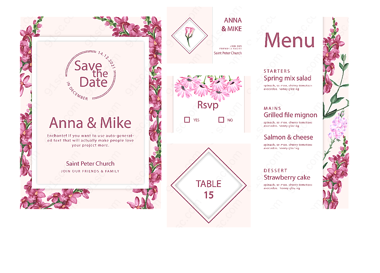 婚礼花卉系列卡片模板矢量花纹