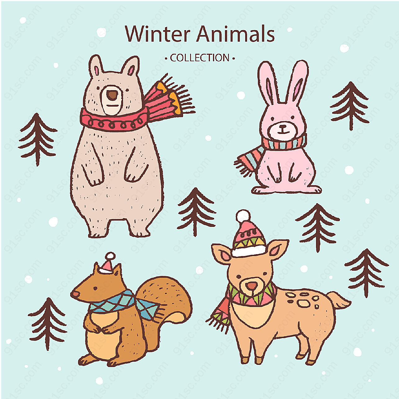 彩绘冬季动物矢量卡通动物