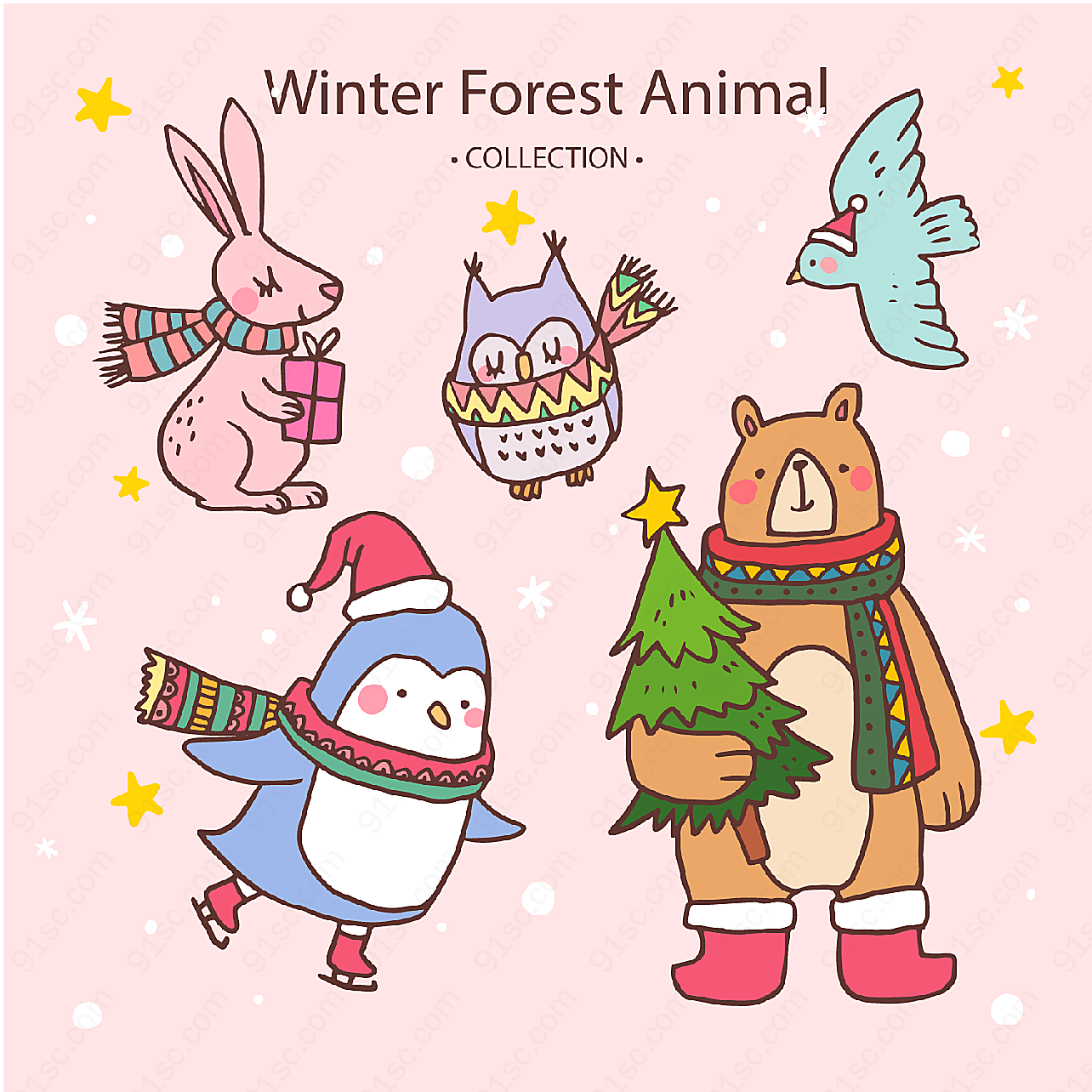 可爱冬季动物矢量卡通动物