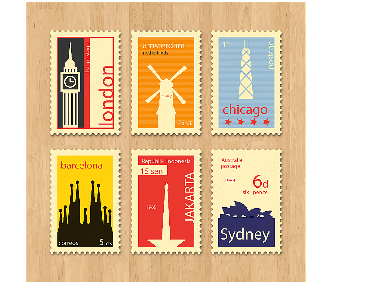 复古旅游城市邮票矢量传统文化