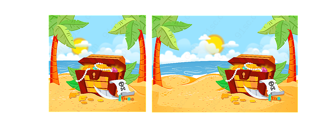 岛屿沙滩上的宝箱卡通矢量插画