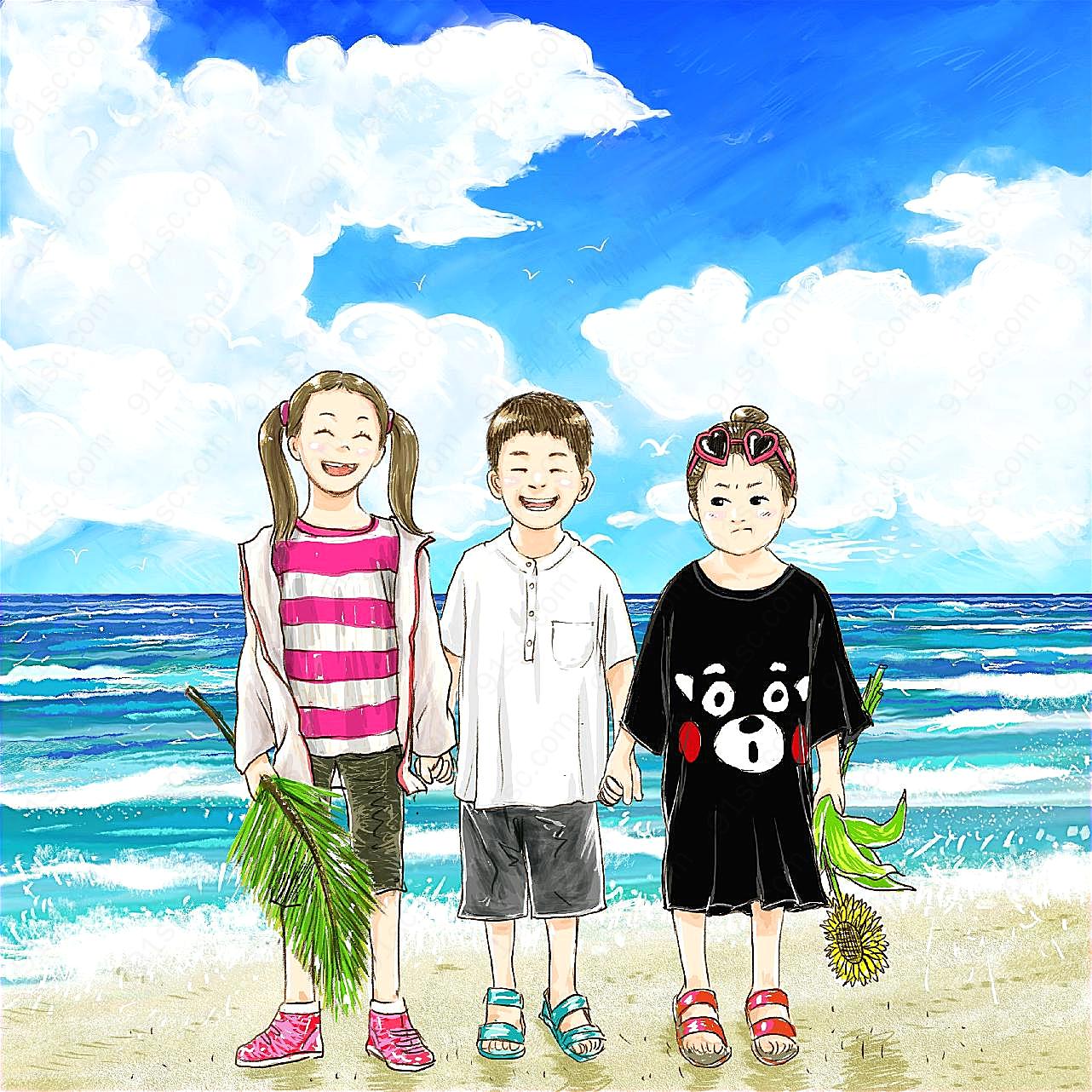 夏天海边儿童卡通画图片绘画图片