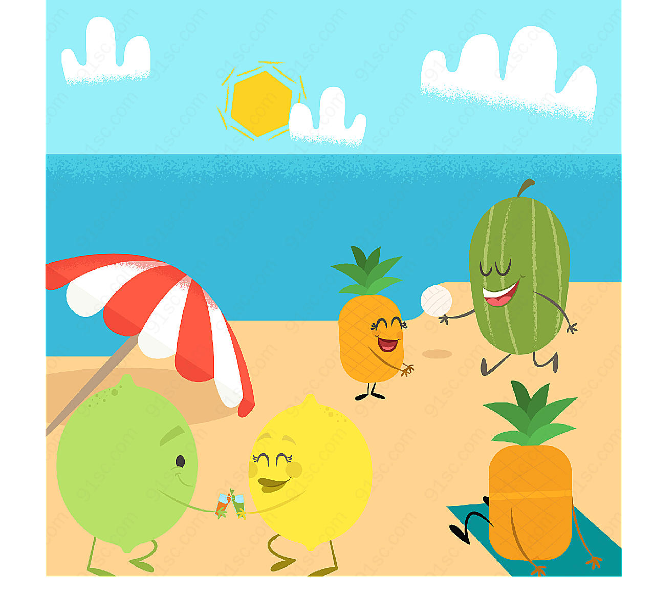 度假的水果们卡通矢量插画