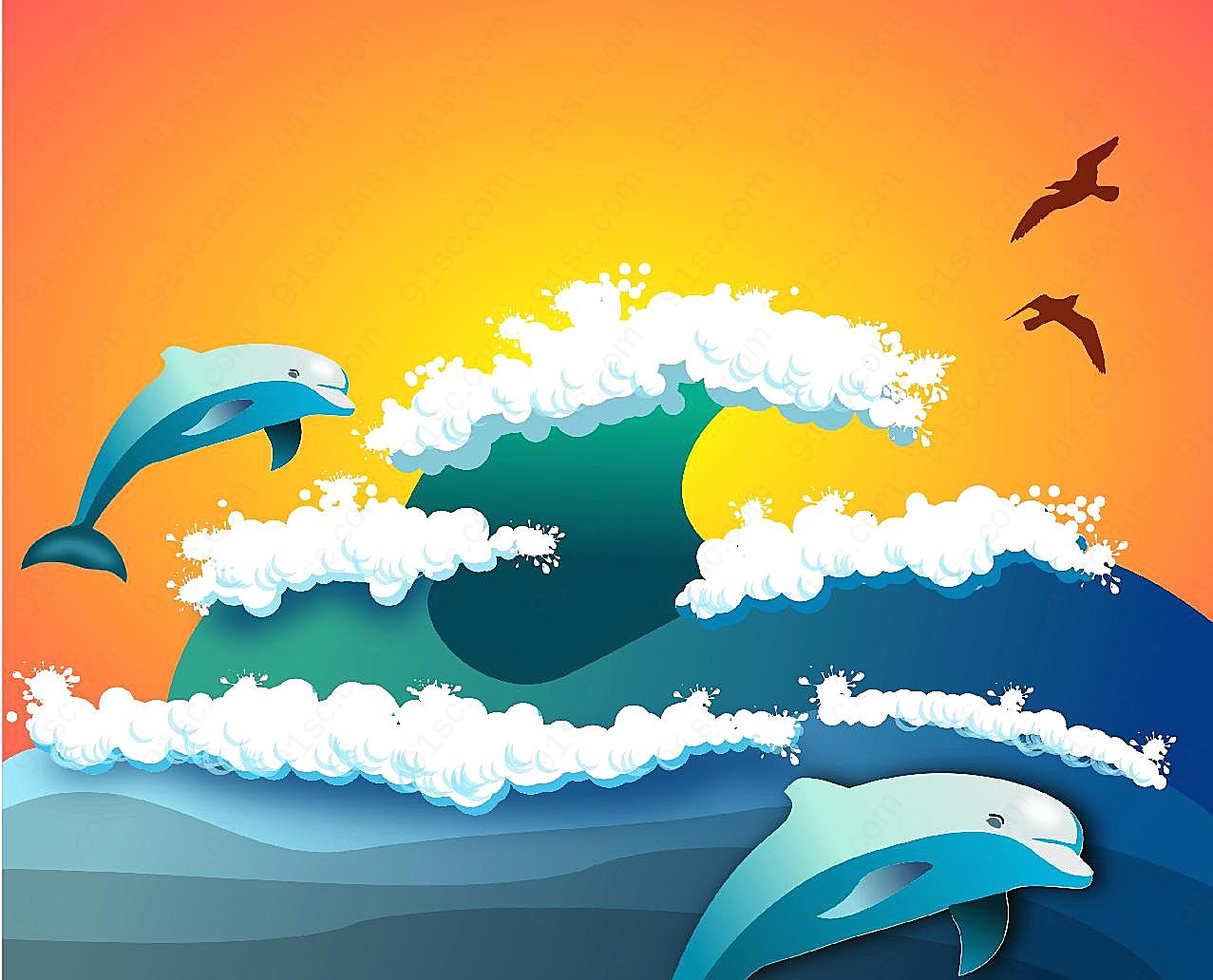 海豚跳跃巨浪图片高清