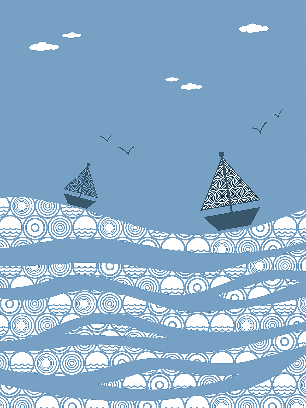 海上的舟装饰画矢量插画