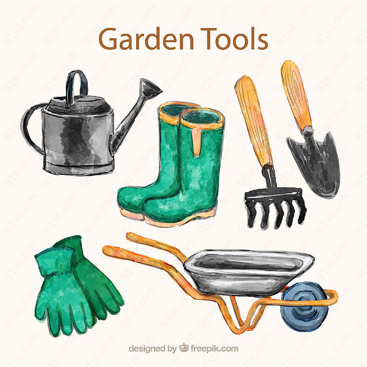 水彩绘花园工具矢量生活用品
