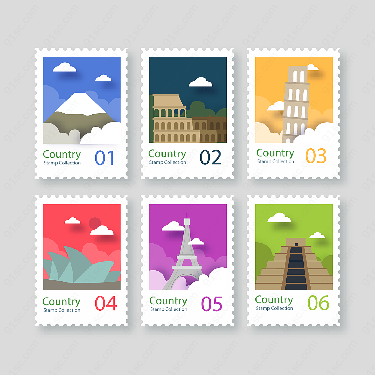 旅游城市邮票矢量传统文化