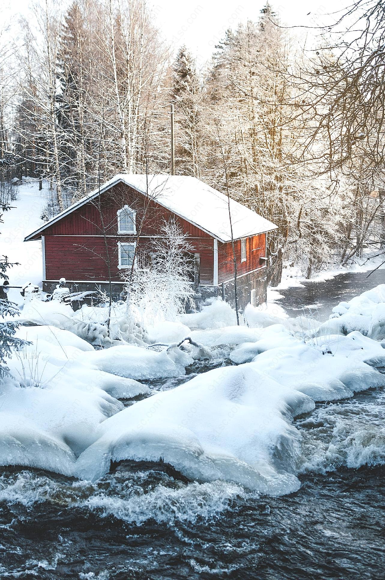 雪中木屋图片风景摄影