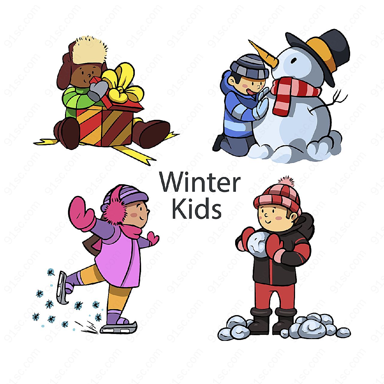 冬季玩耍儿童矢量儿童幼儿
