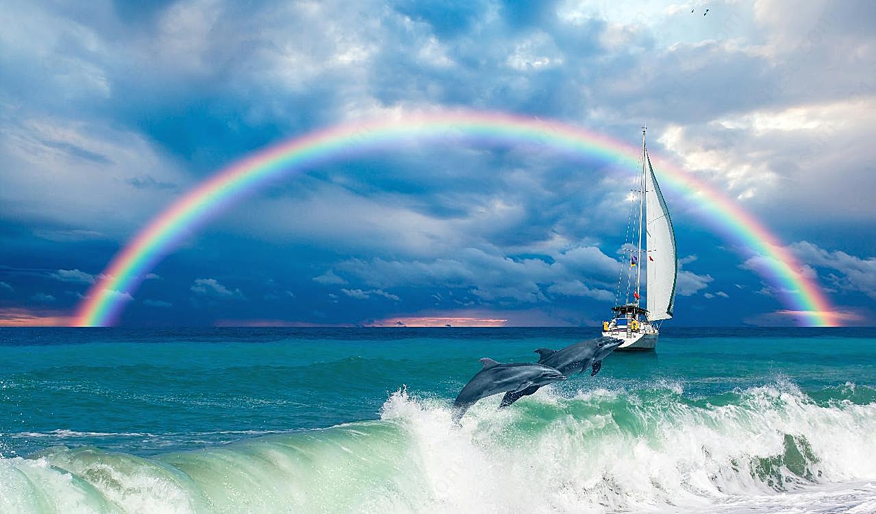 大海帆船彩虹海豚图片摄影
