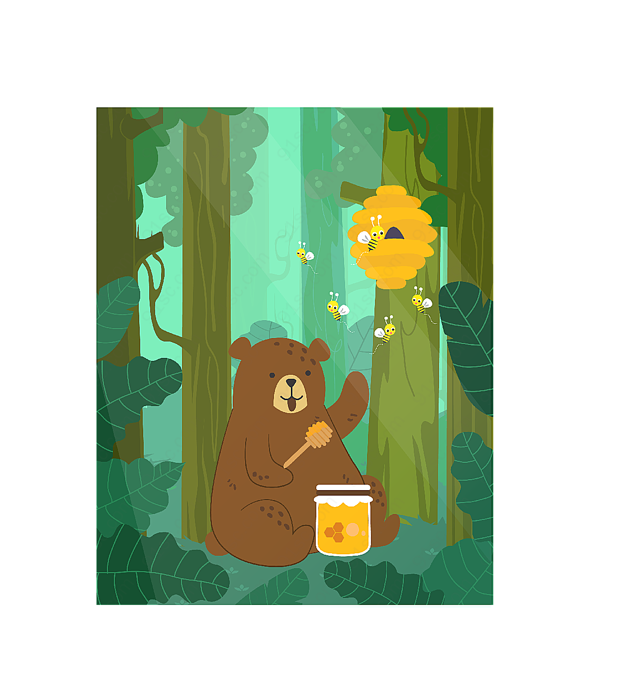 树林里的棕熊和蜂蜜矢量卡通动物