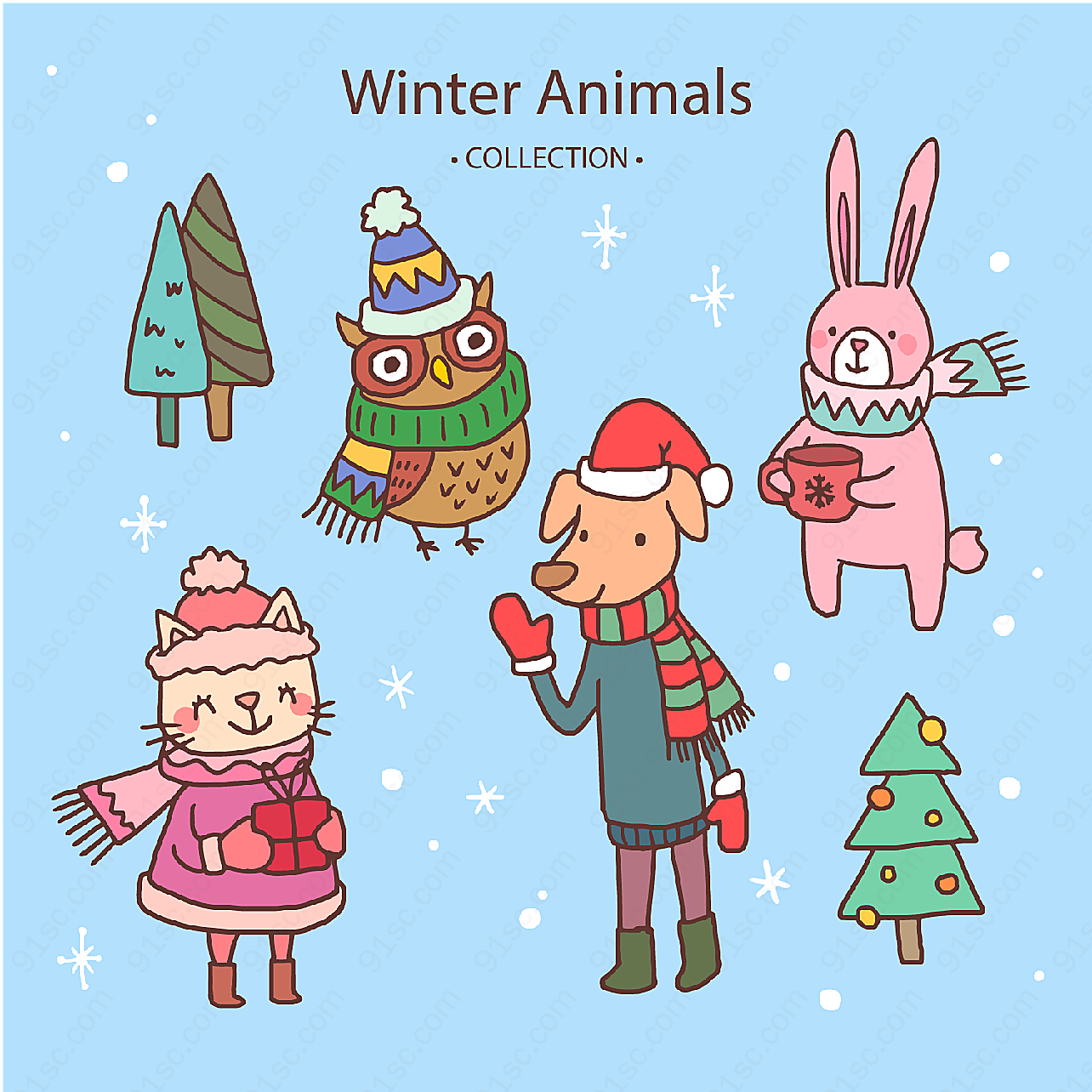 可爱冬装动物矢量卡通动物
