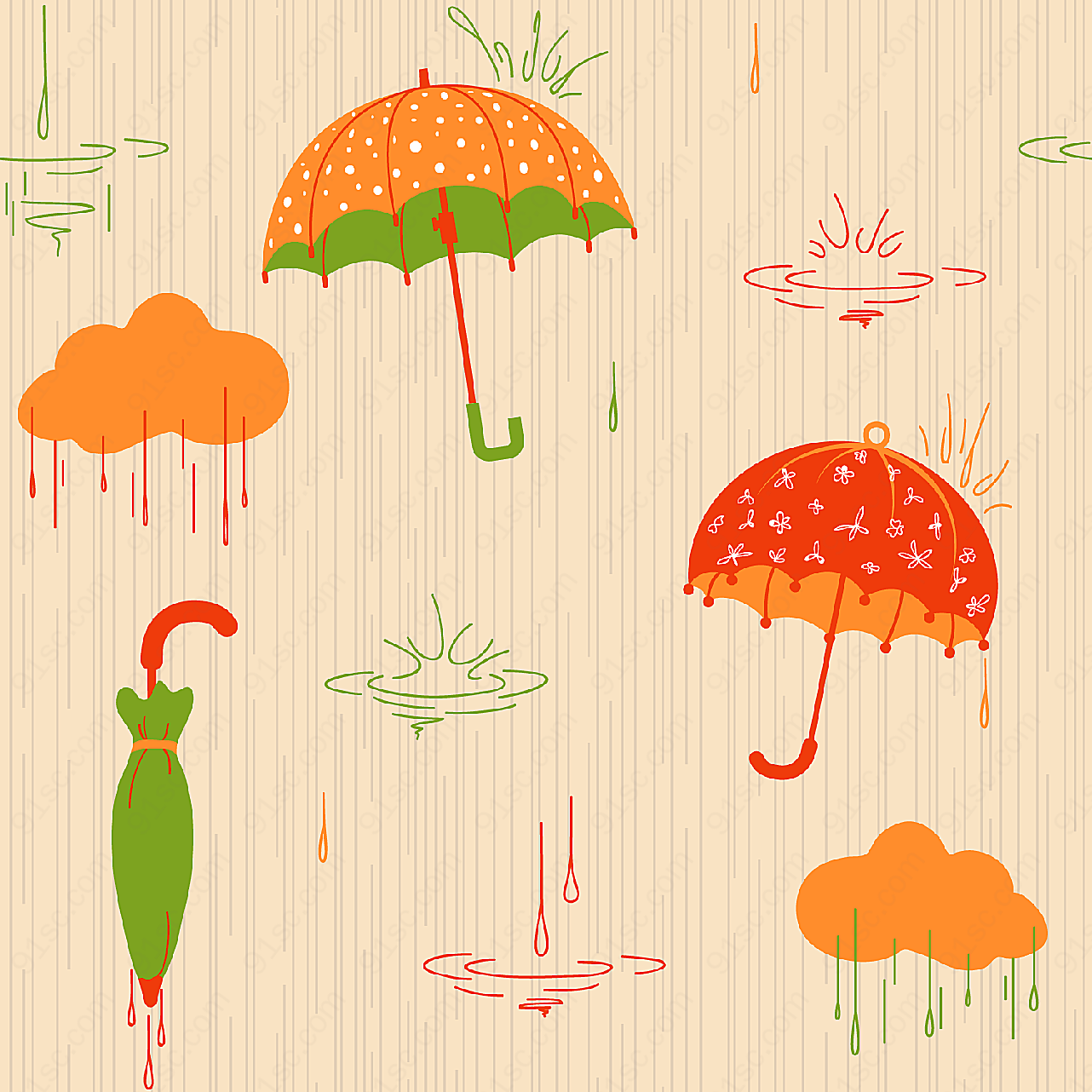 雨伞及彩色水珠矢量生活用品
