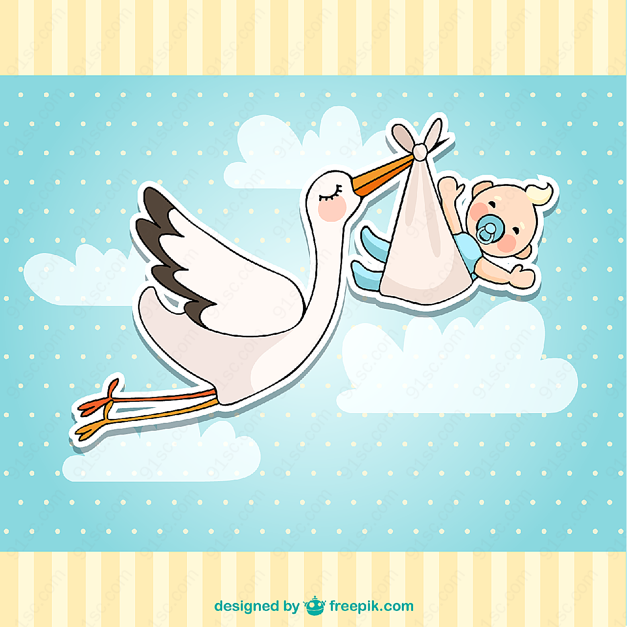 送子鹤与婴儿贴纸卡通矢量插画