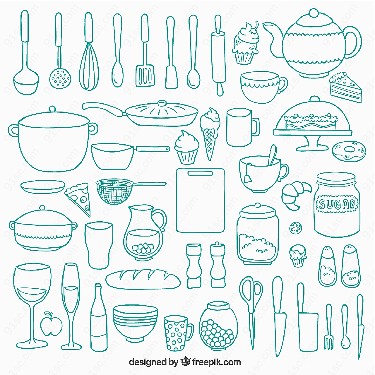厨房用品与食物矢量餐具厨具
