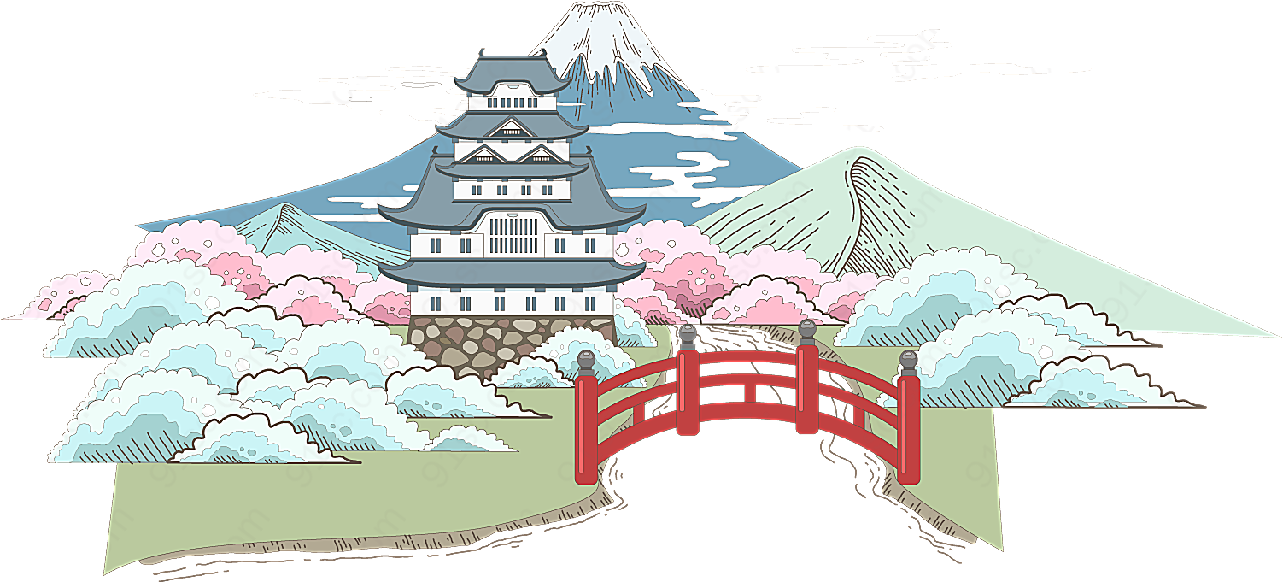 彩色水墨日本风景矢量建筑景观