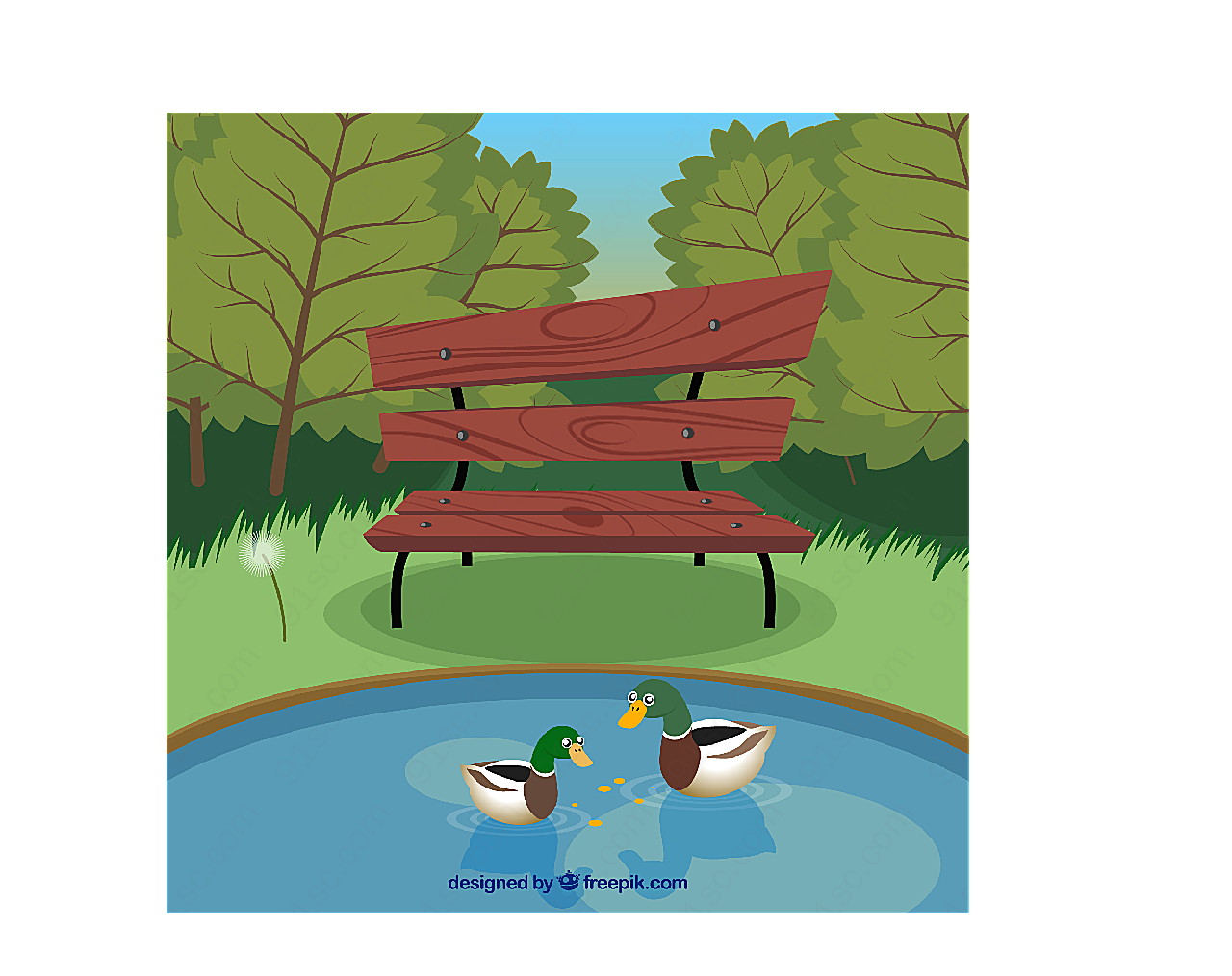 池塘风景和野鸭矢量自然风景