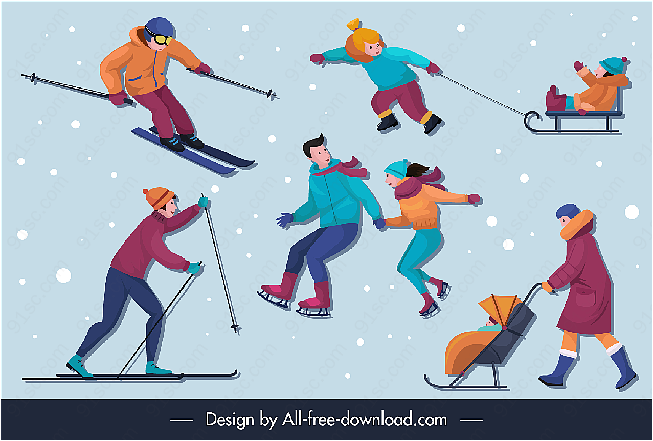 冬季滑雪人物矢量生活人物