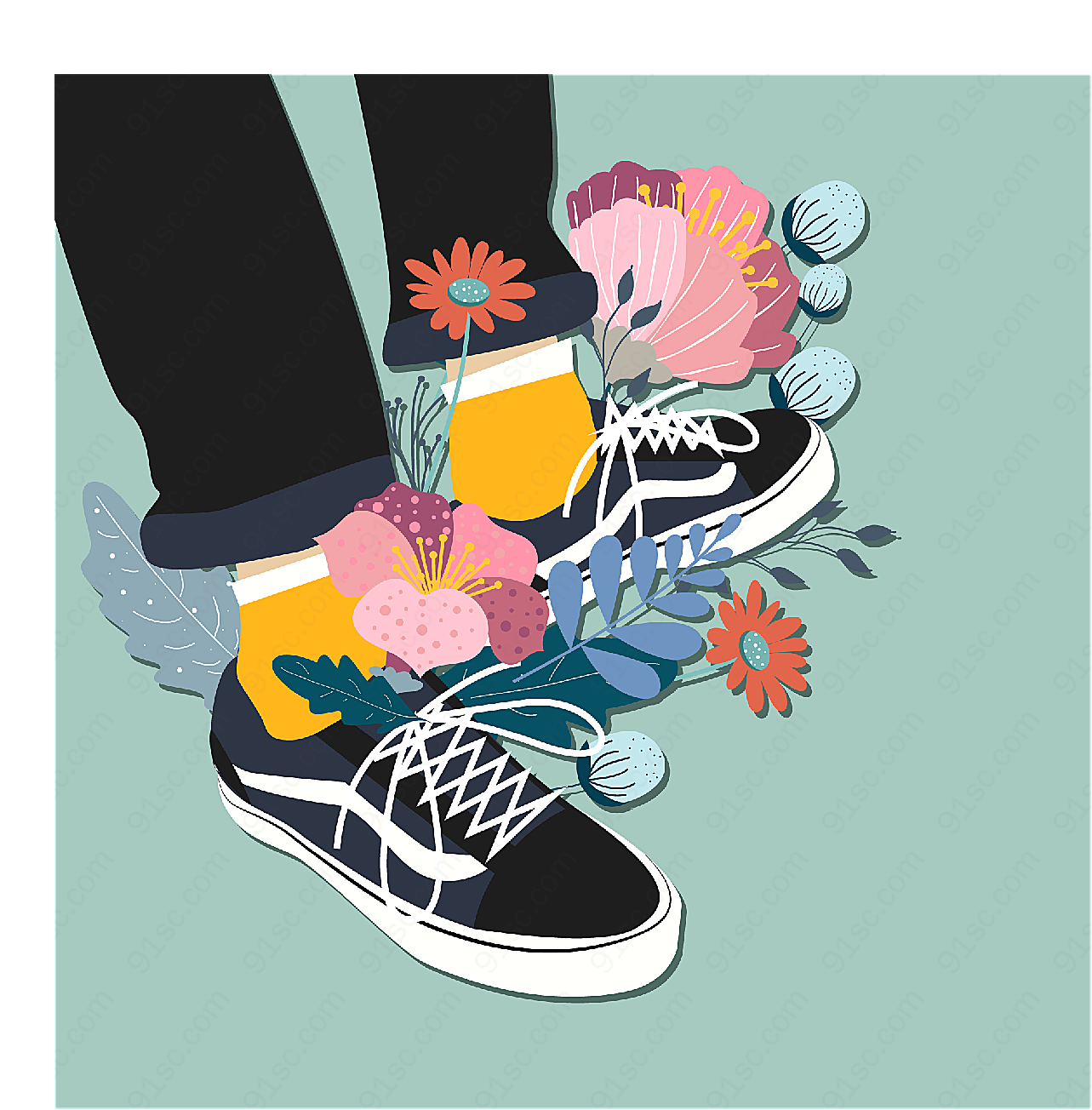 创意板鞋和花卉矢量服饰