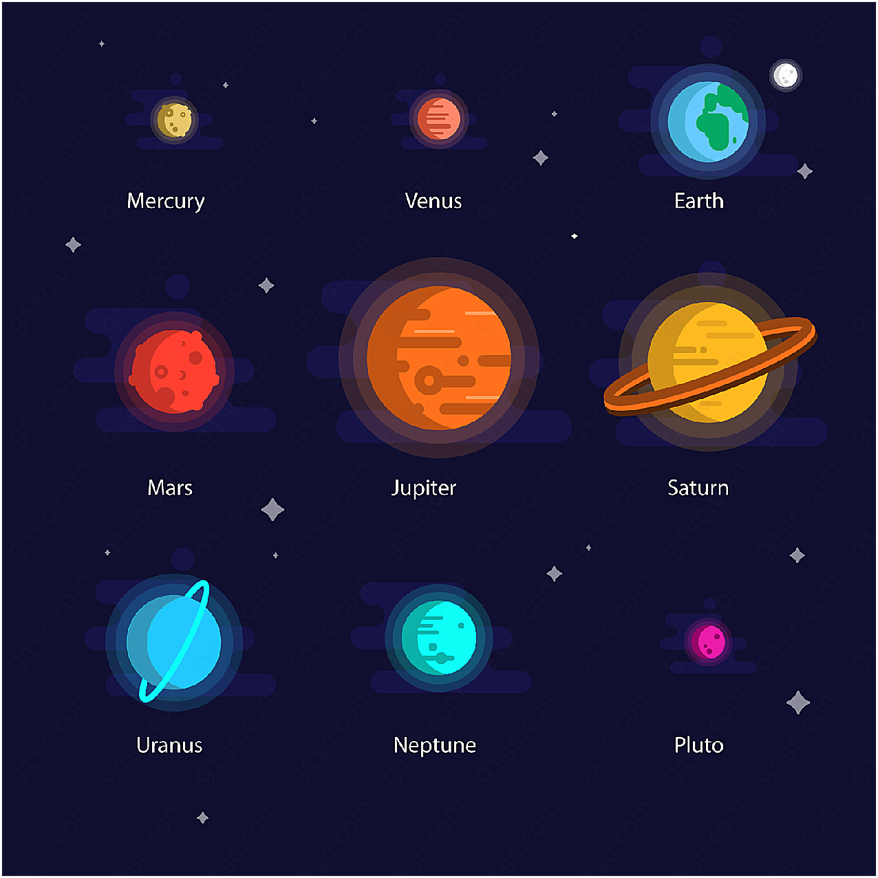 太阳系八大行星卡通矢量插画