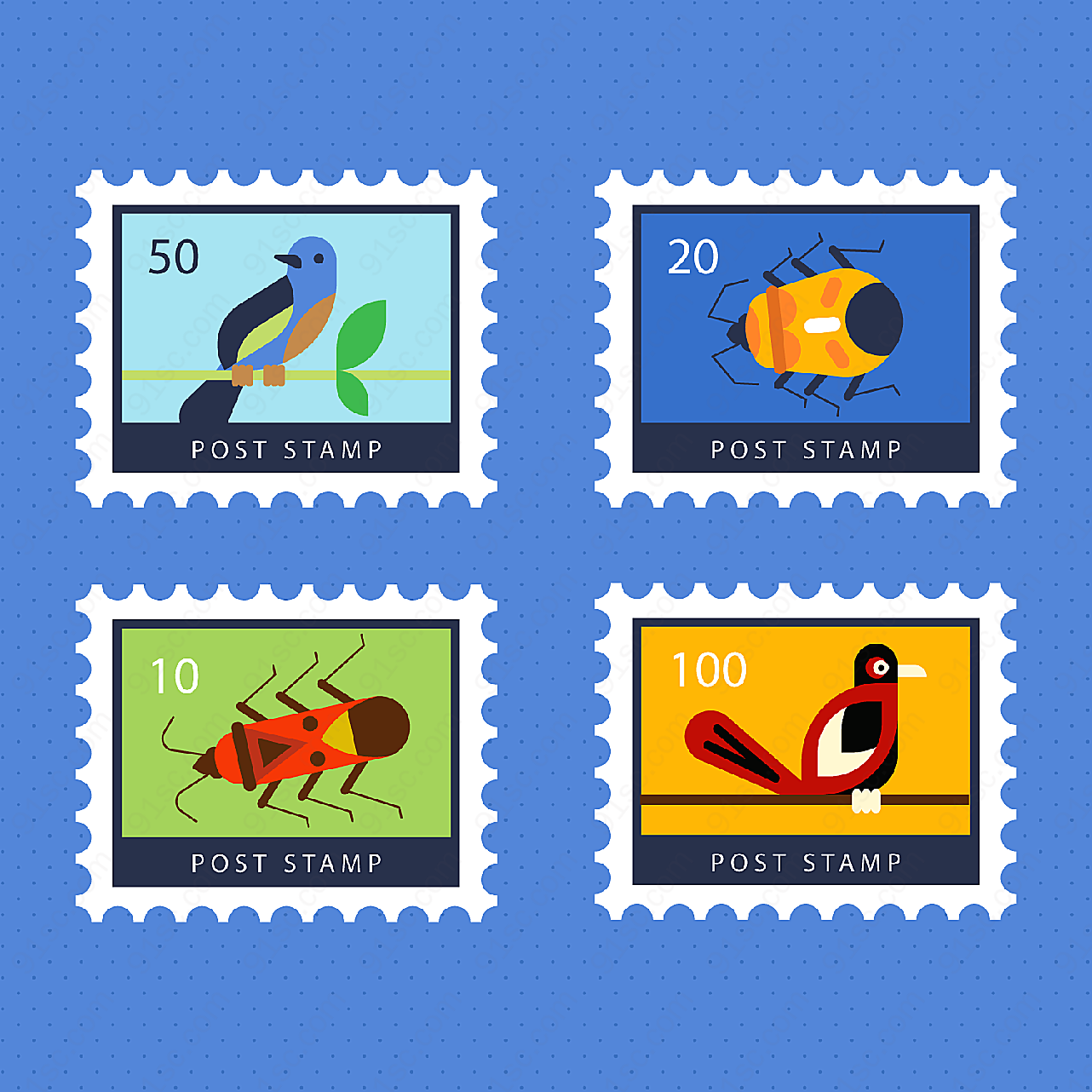 鸟和昆虫邮票矢量传统文化