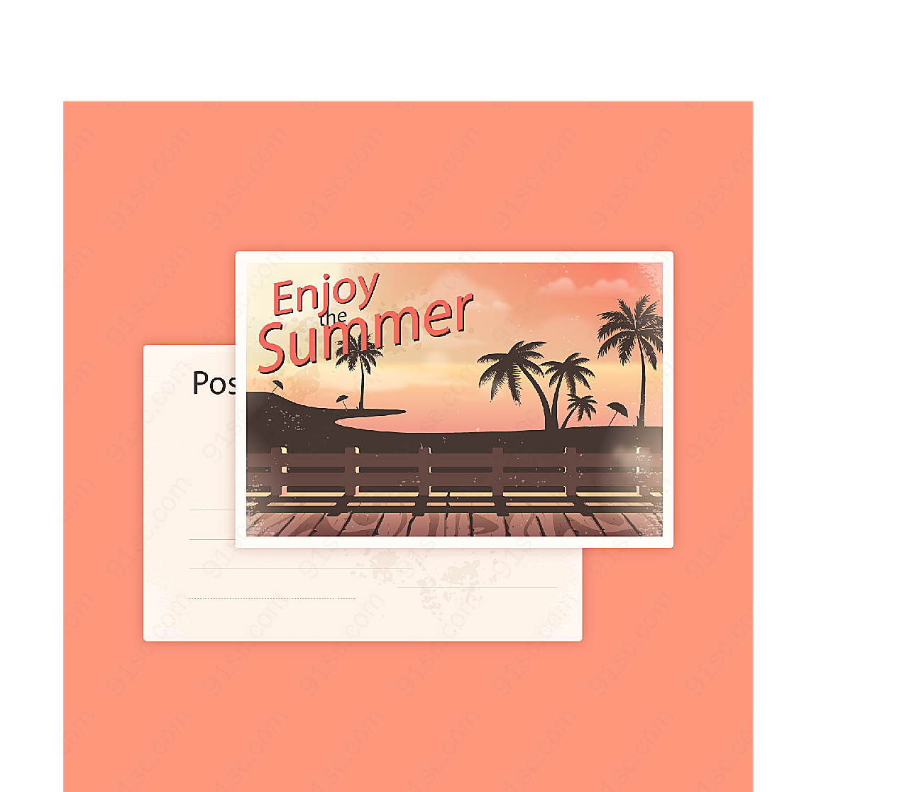 夏季沙滩椰树明信片矢量名片卡片