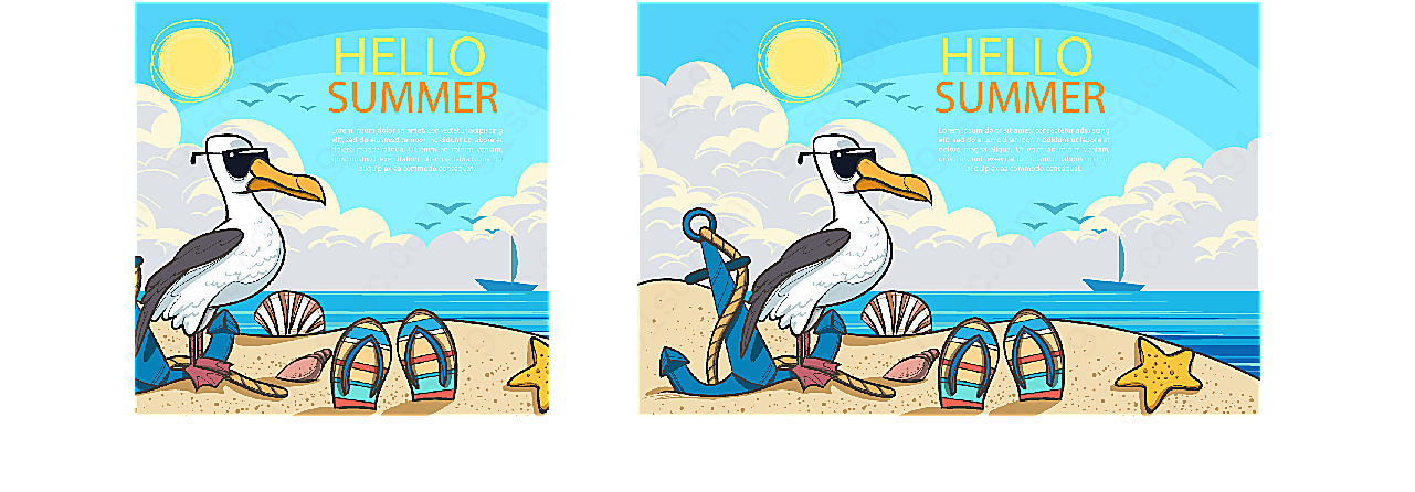 创意夏季沙滩海鸥卡通矢量插画