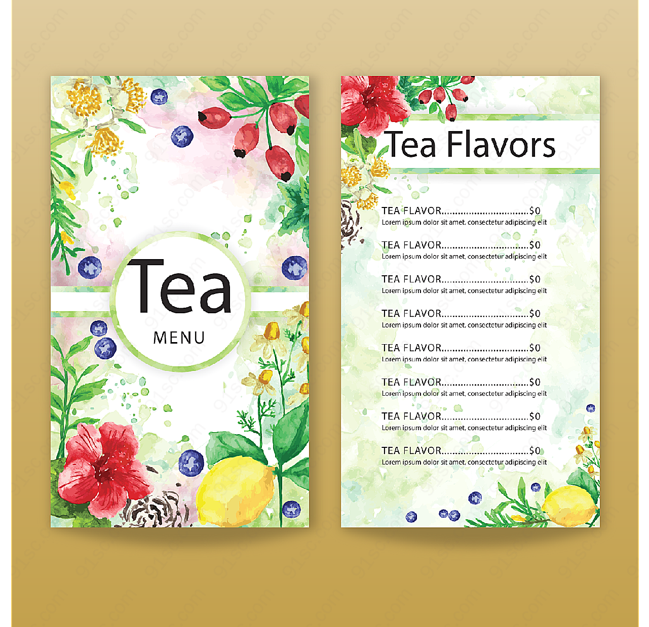 花卉和水果茶水单平面广告