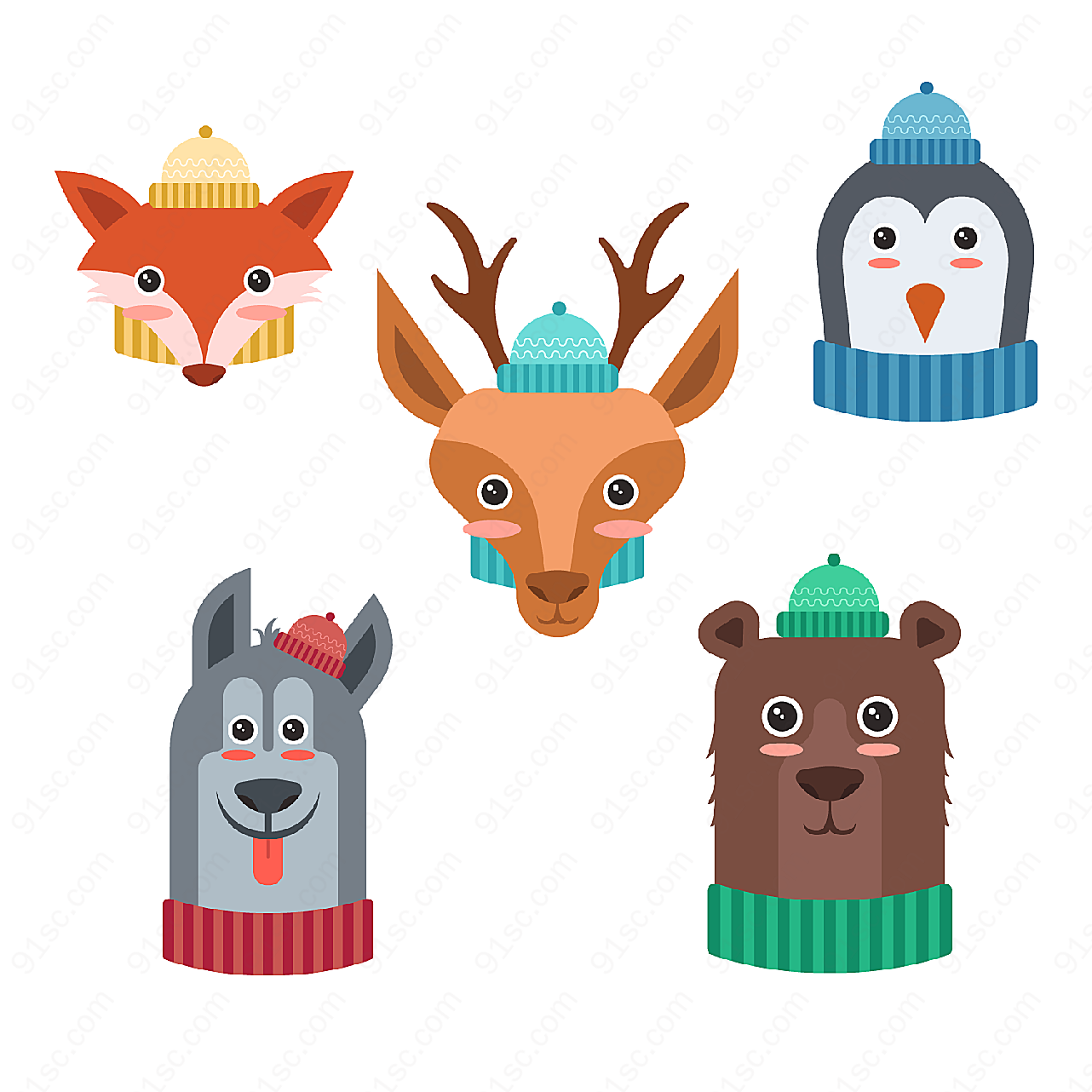 冬季围巾动物头像矢量卡通动物