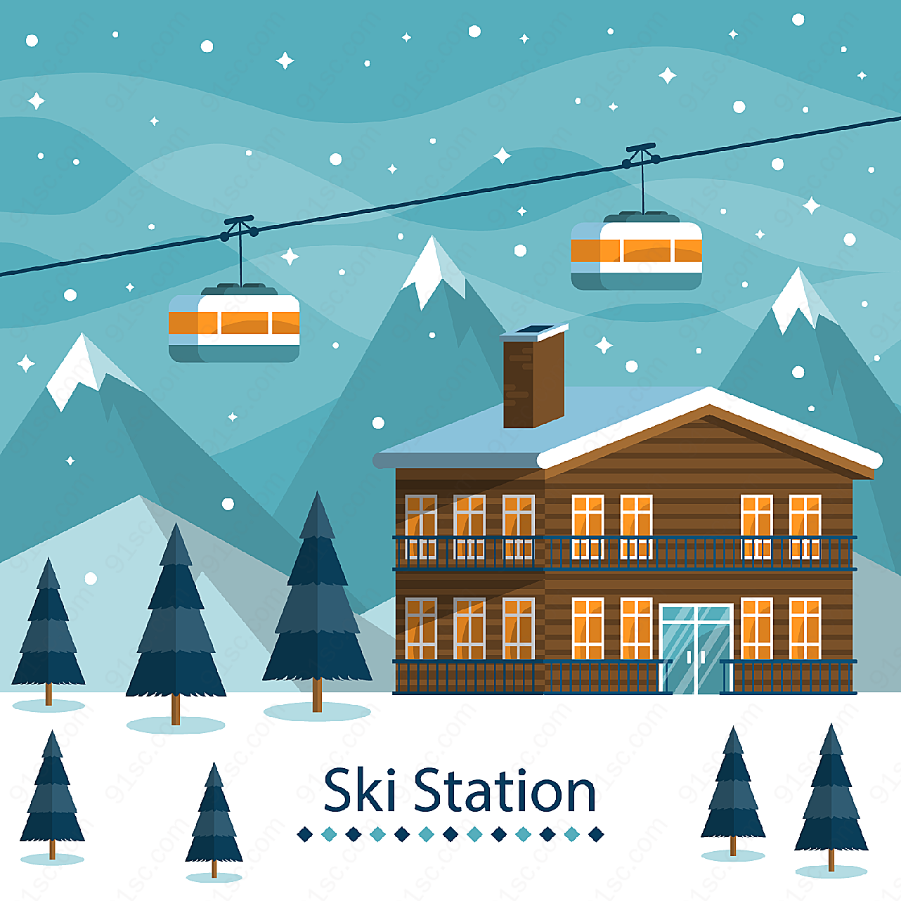 雪中的滑雪场矢量建筑景观