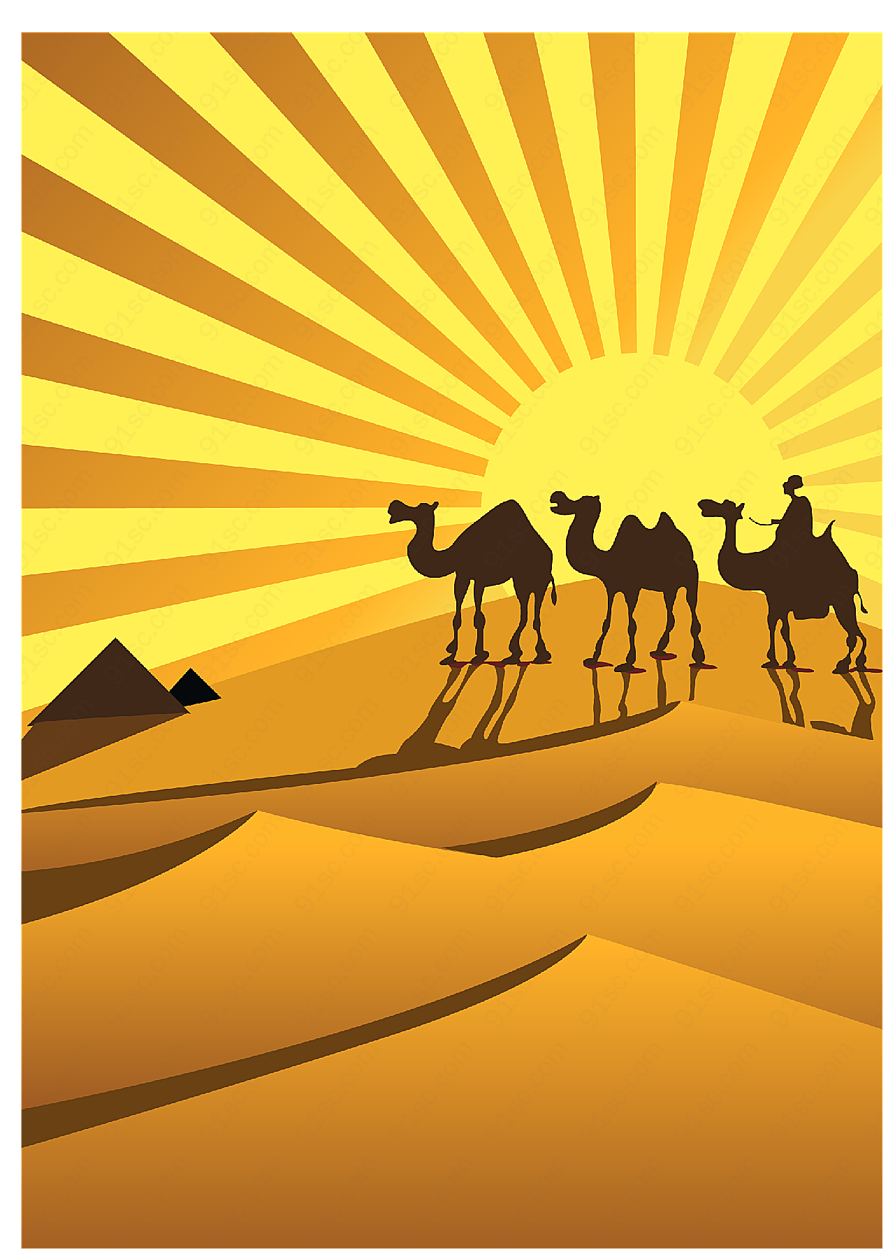 金色沙漠上的骆驼矢量野生动物