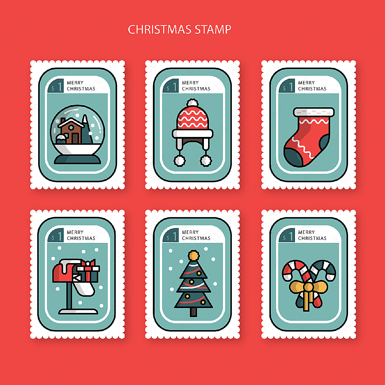 白边圣诞节邮票矢量圣诞节