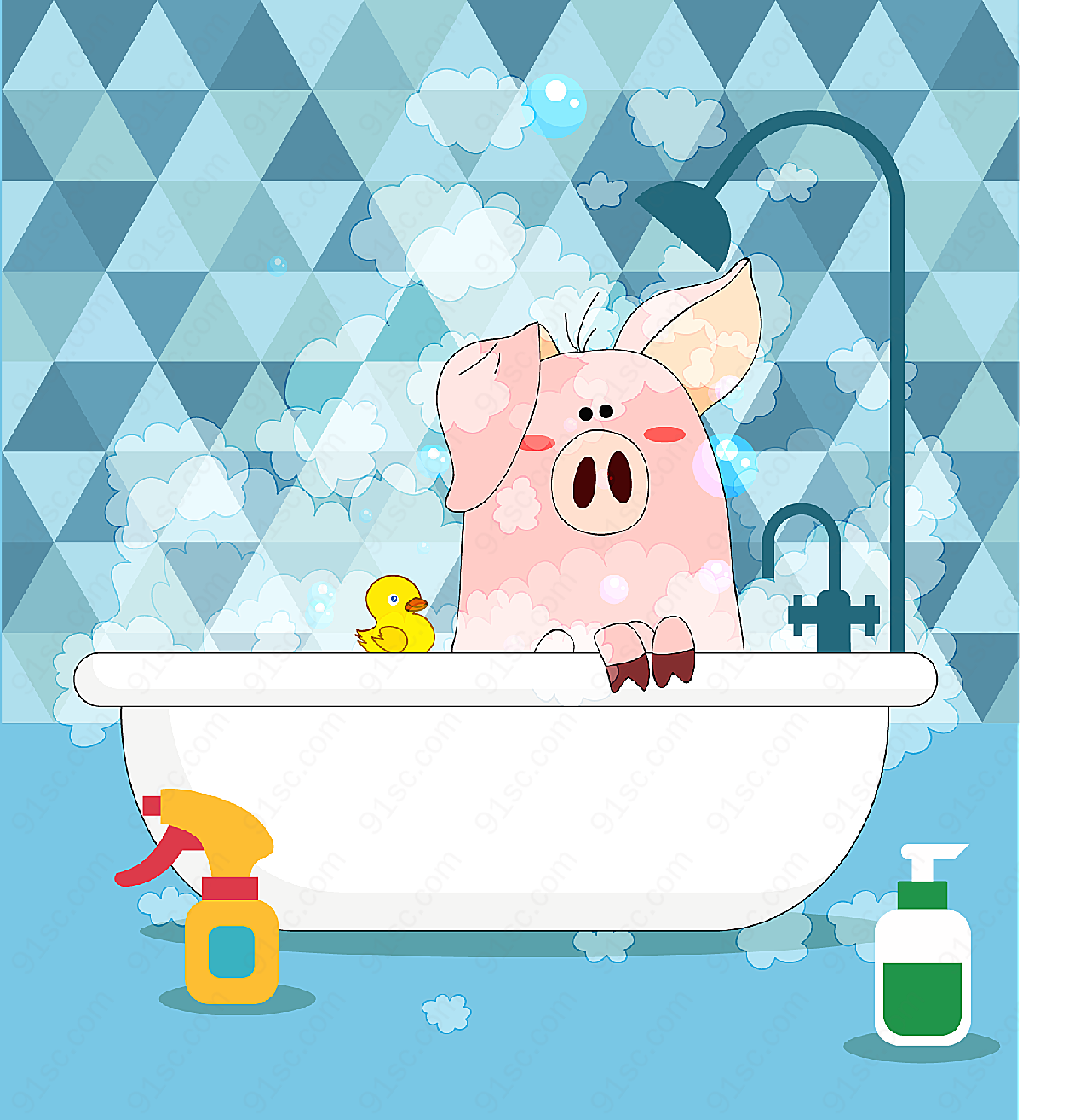 浴室洗澡的猪矢量卡通动物