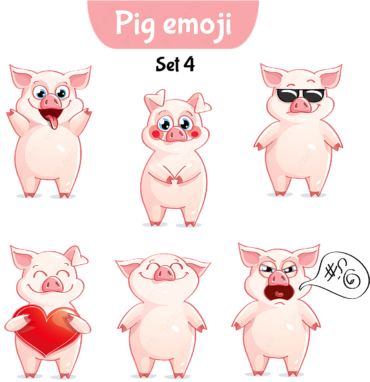 可爱卡通猪表情动物矢量卡通动物