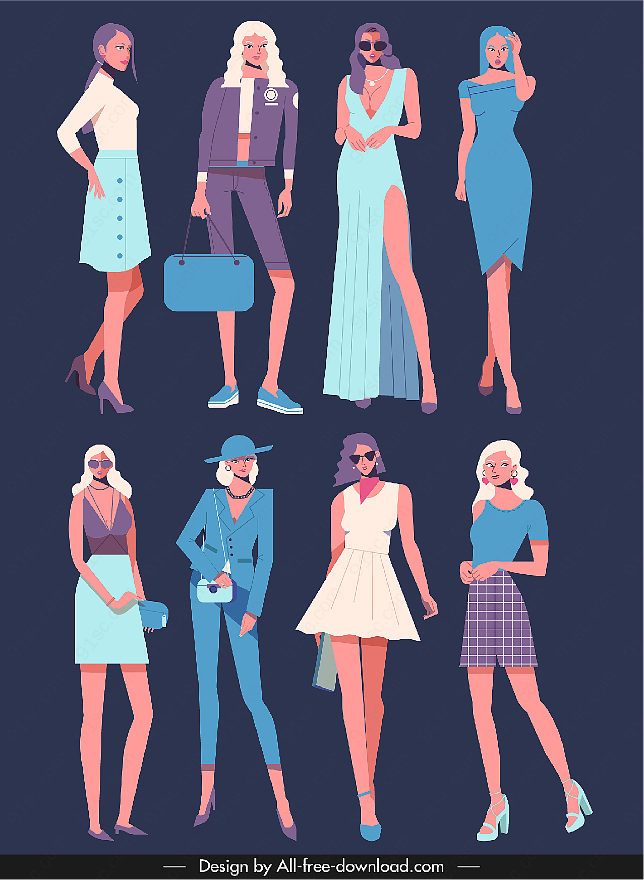 8款时尚女子矢量女性人物