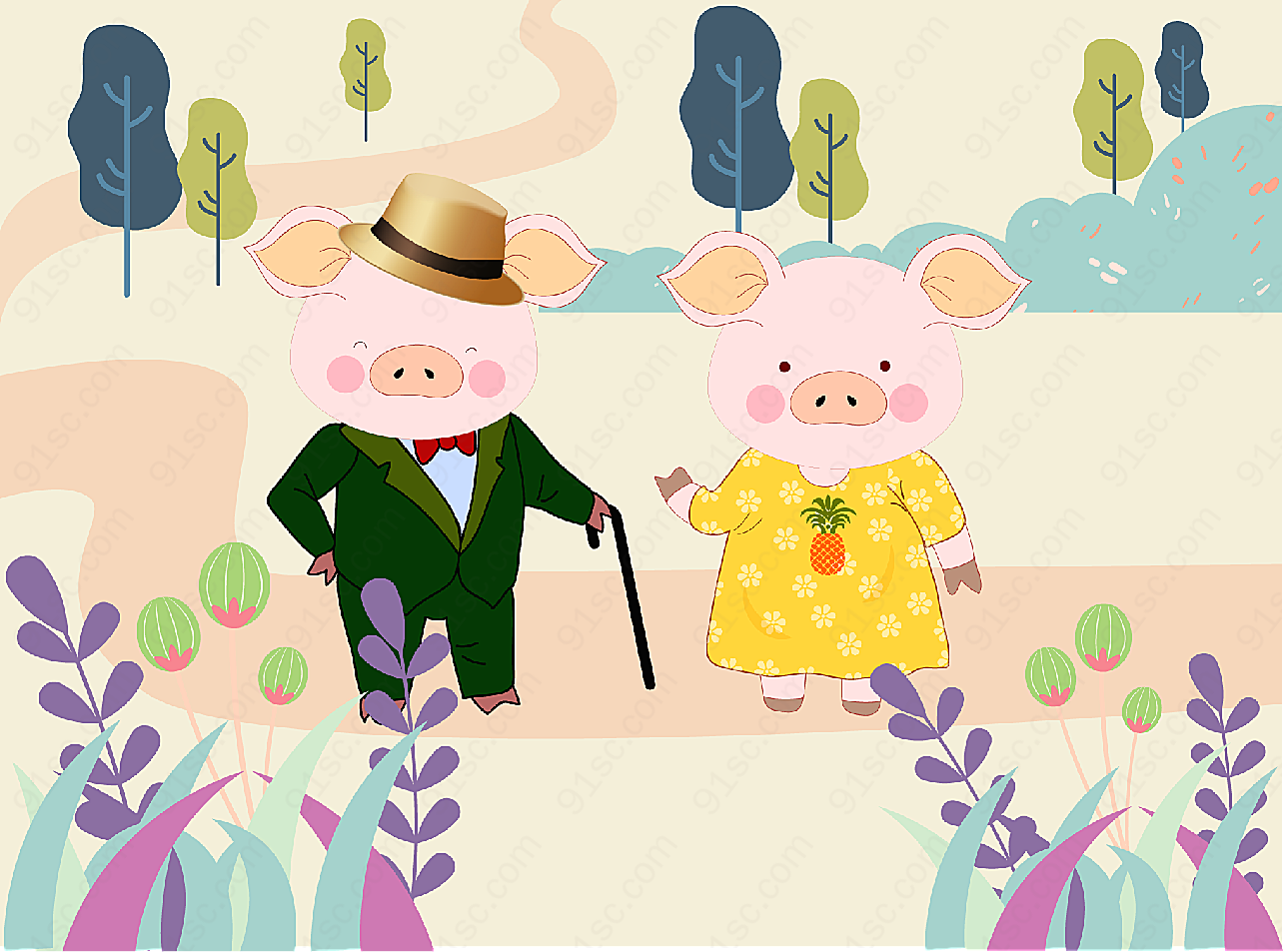 可爱猪夫妇矢量卡通动物