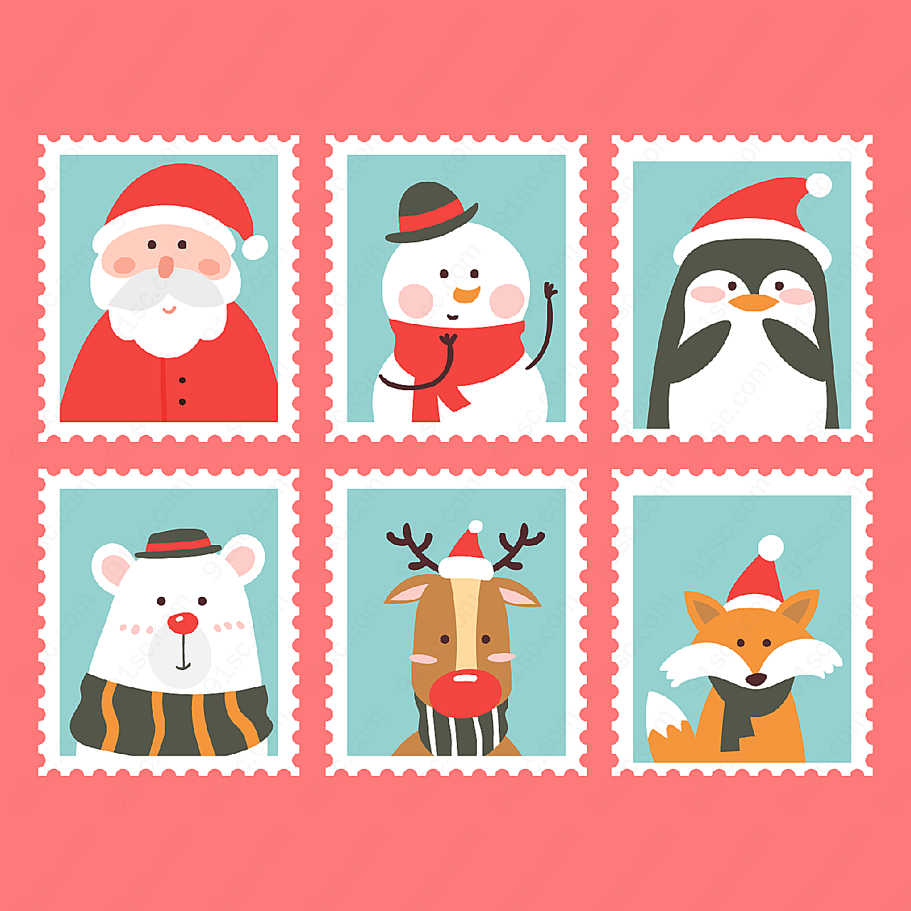 可爱圣诞角色邮票矢量圣诞节