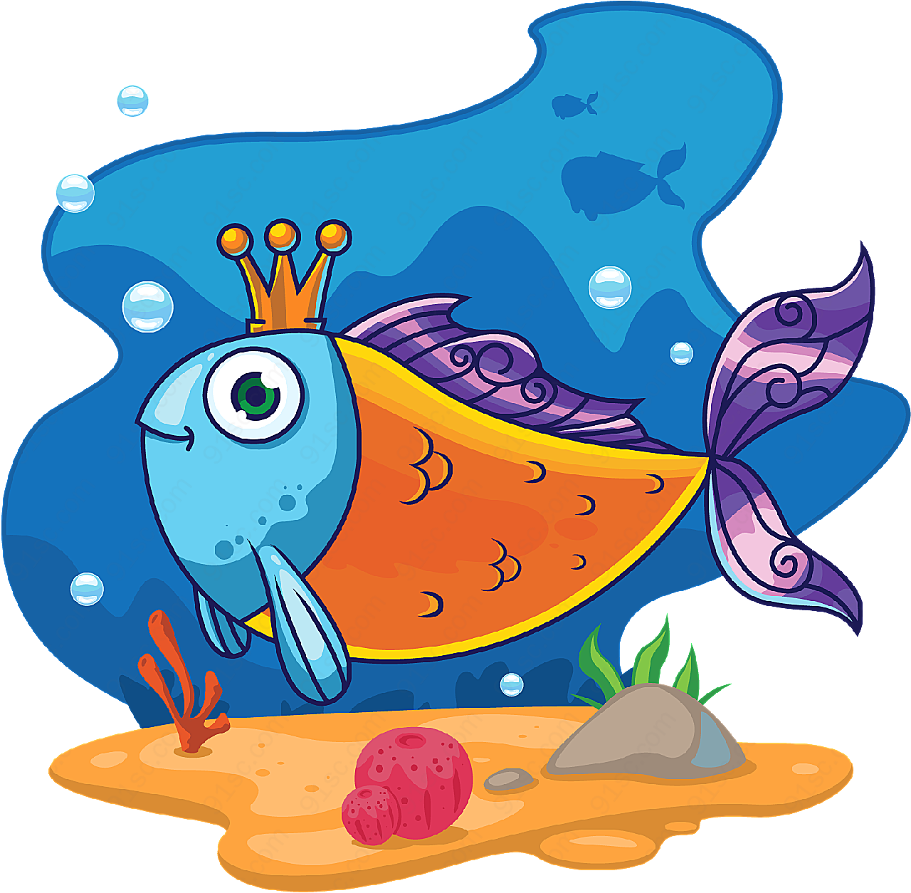 卡通戴王冠的鱼矢量卡通动物