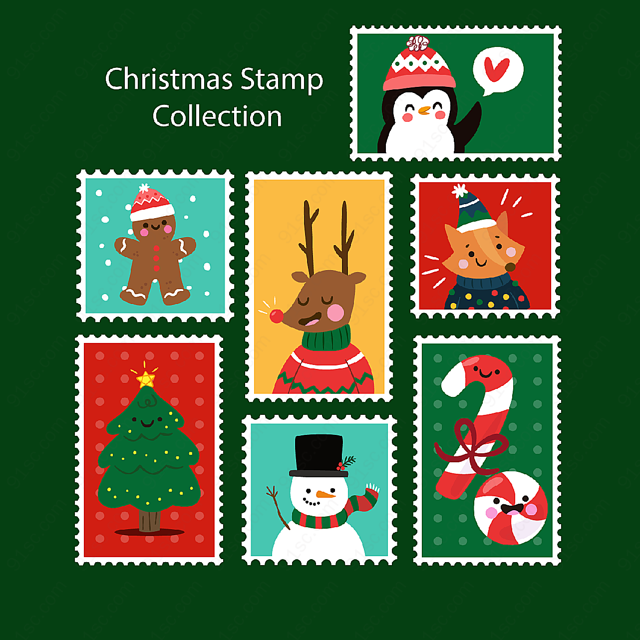 可爱圣诞节邮票矢量圣诞节